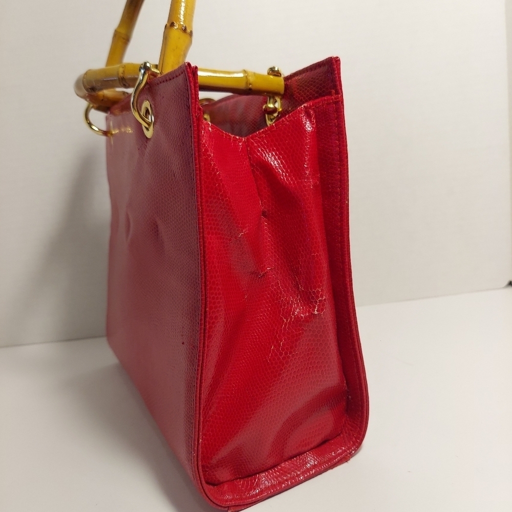 Giorgio Beverly Hills Hand Bag Red Faux Leather Bamboo Straps Minor Damage - Picture 7 of 16